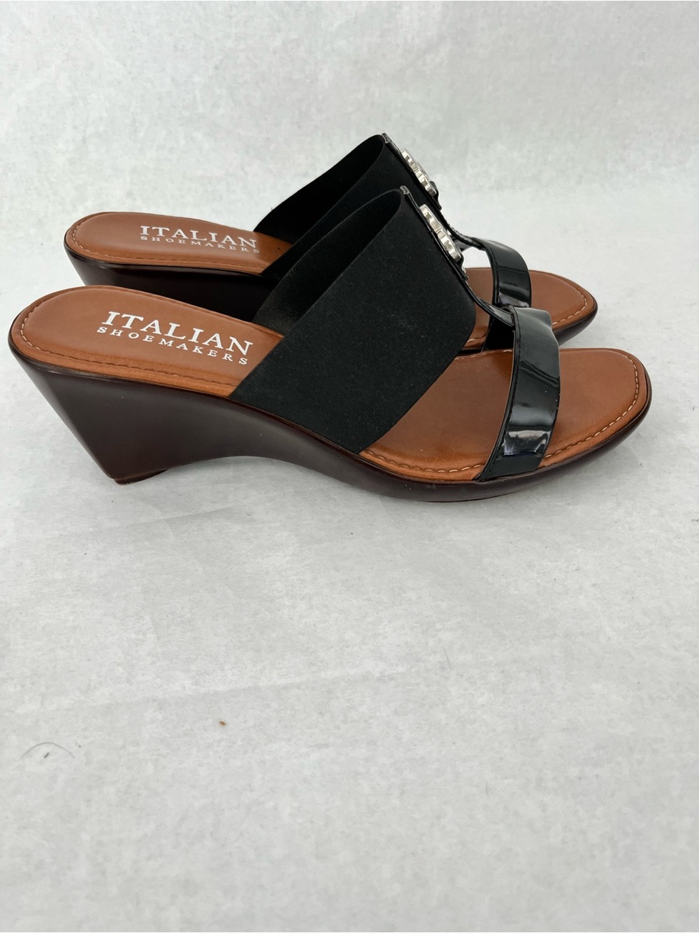 Italian Shoemakers Black Patent and Brown Wedge Slide Sandals